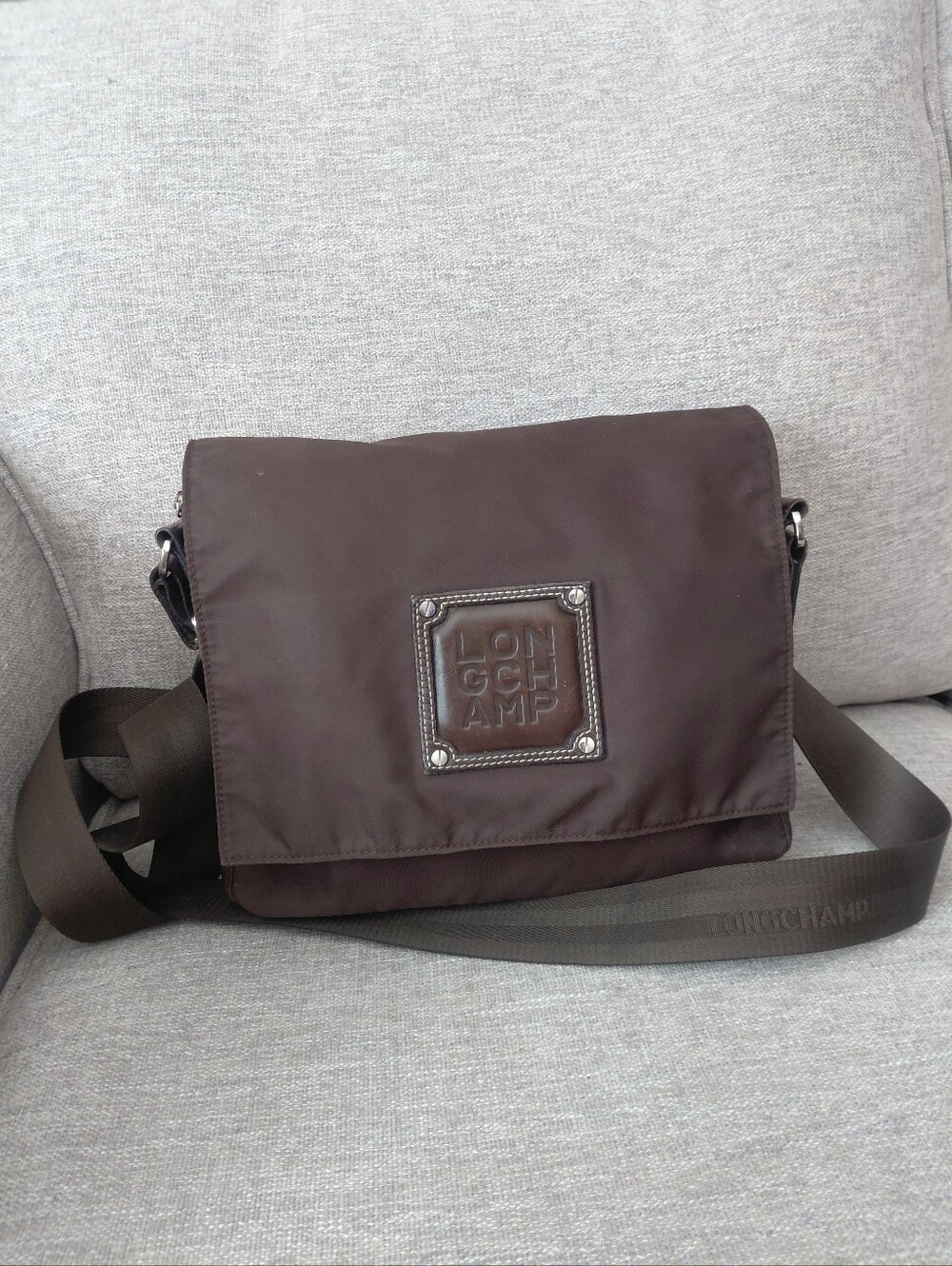Longchamp Dark Brown Nylon Messenger Bag with Logo Patch